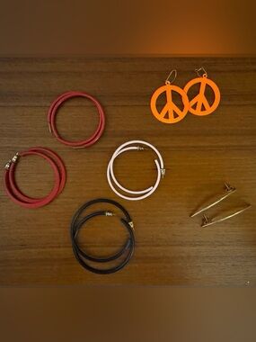 6-Pair Bundle—1980s Earrings, Various Colors & Styles—Hoops & 1 Neon Peace Signs